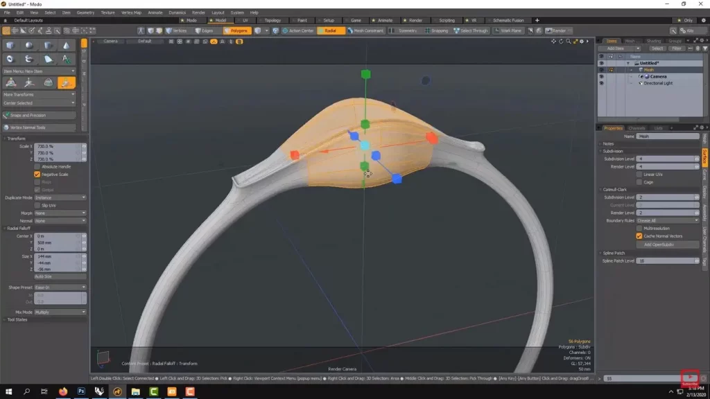 Modo offers advanced control over mesh deformers such as seen in this scaling operation with elliptical falloff.